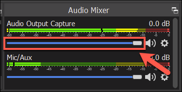 La barra de volumen para una fuente de captura de audio OBS