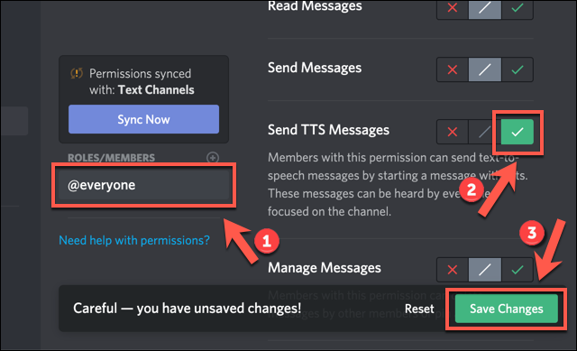 En la pestaña "Permisos", seleccione su función de usuario, luego haga clic en el icono de marca verde junto a la opción "Enviar mensajes TTS" antes de hacer clic en "Guardar cambios" para guardar.