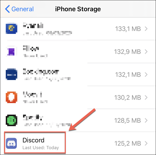 Toca "Discord" en el menú "Almacenamiento de iPhone".
