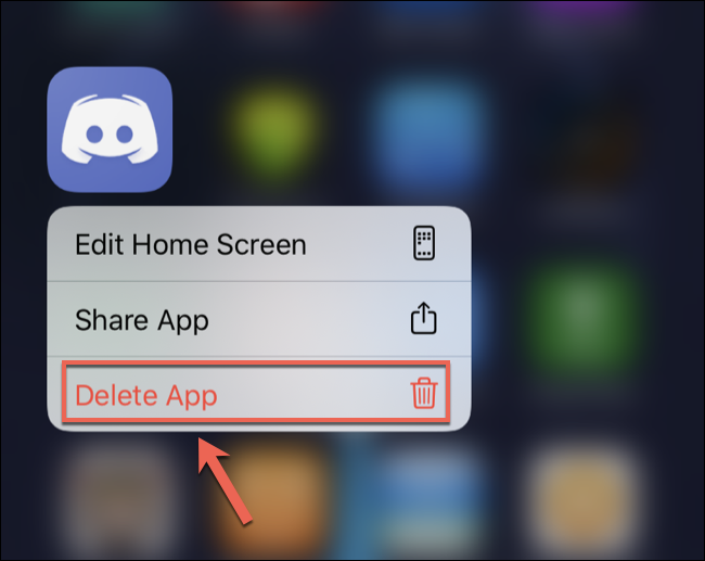 Toque "Eliminar aplicación" para eliminar Discord de la pantalla de inicio de su iPhone o iPad. 
