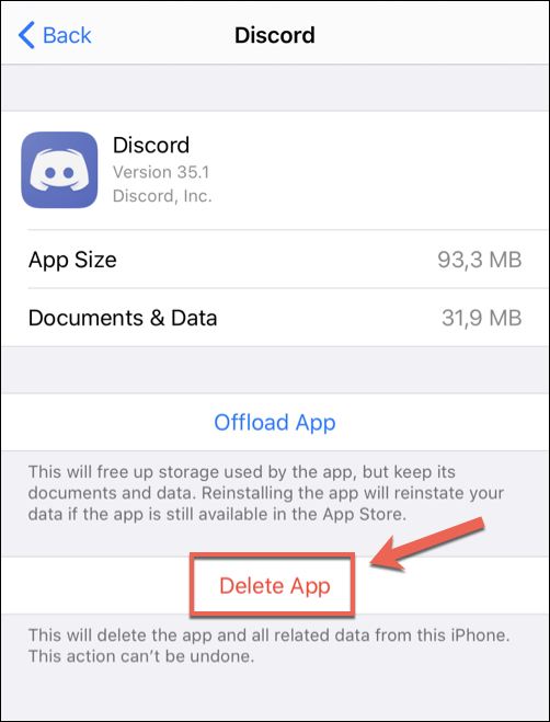 Toca "Eliminar aplicación" en el menú "Discordia" de tu iPhone o iPad.