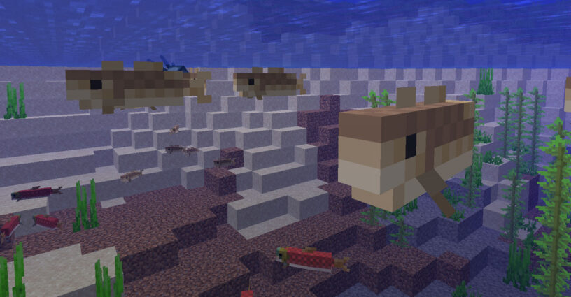 Bacalao y salmón nadando en el agua en Minecraft