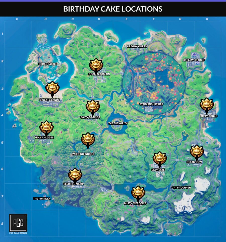 Todas las ubicaciones de pasteles de cumpleaños en el mapa de Fortnite