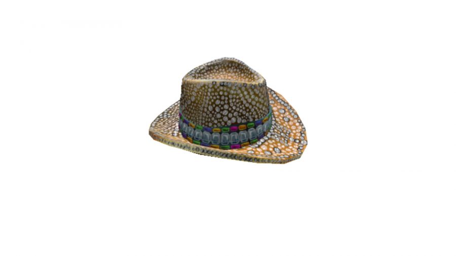 Un sombrero de vaquero de piel de serpiente con una banda de colores envuelta alrededor de la base.