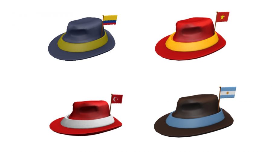 Cuatro sombreros fedora, cada uno con una bandera y un esquema de colores para un país diferente