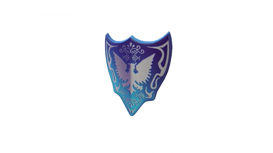 Un escudo decorativo azul con un águila plateada adornada