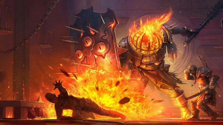 Un caballero gigante con una cabeza en llamas golpea un gran escudo creando una explosión de fuego.
