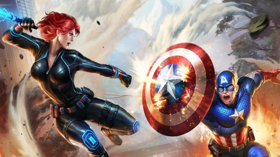 Arte clave de Marvel Super War, que representa al Capitán América luchando contra la Viuda Negra