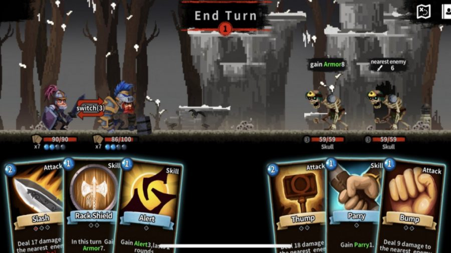 Una batalla de desplazamiento lateral entre dos héroes y dos monstruos con una selección de cartas.