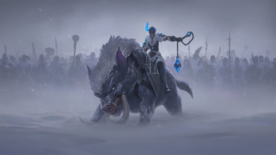Sejuani monta Razortusk frente a un ejército dispuesto en la nieve.