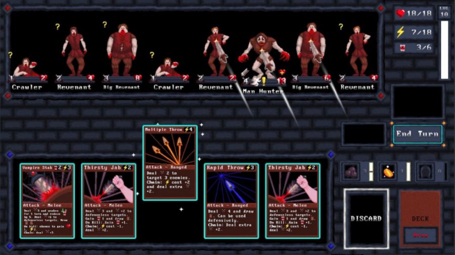 Una serie de personajes del traje rojo con cartas en la parte inferior de la pantalla.