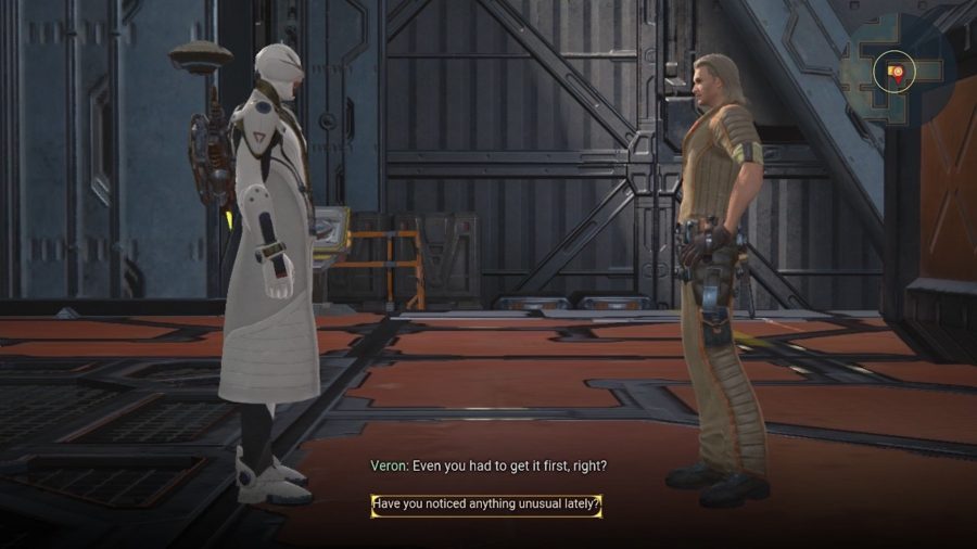 Un paladín conversando con un NPC dentro de una fábrica en Skyforge en Switch