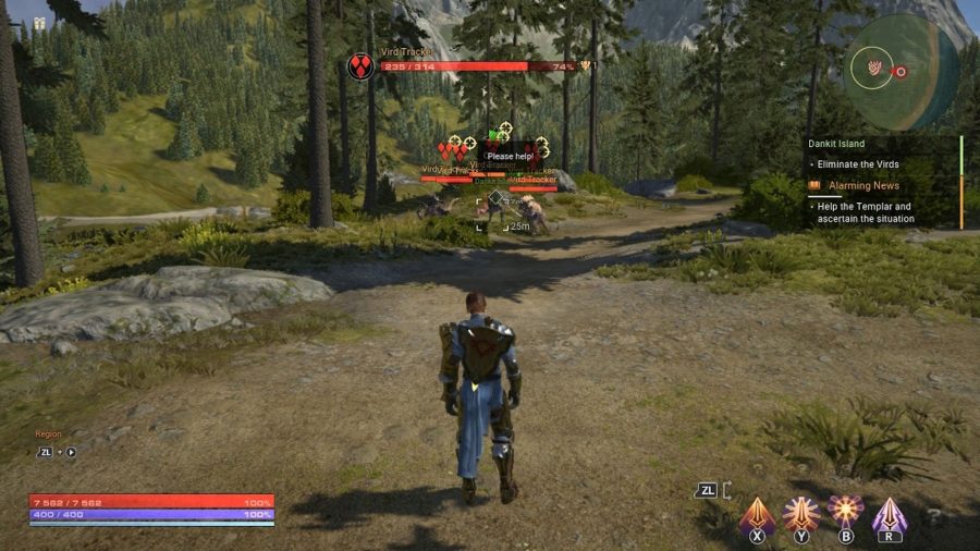 Un paladín que se acerca a un grupo de enemigos en un bosque en Skyforge en Switch