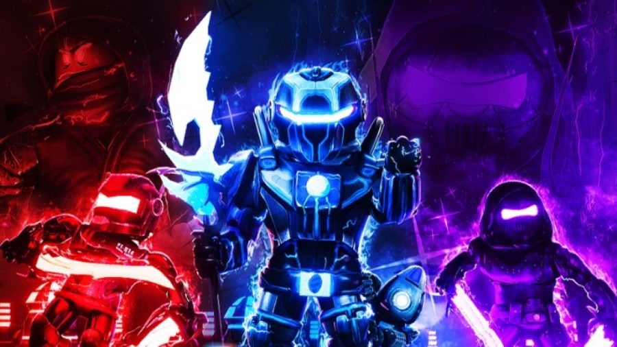 Un guerrero rojo, un guerrero púrpura y un guerrero azul empuñan diferentes armas con armaduras de alta tecnología.