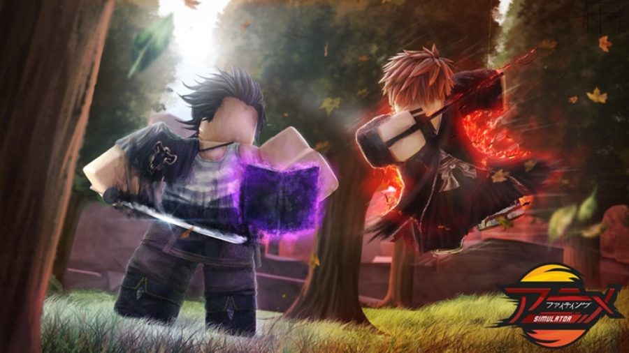 Dos personajes con espadas luchan en un bosque en Anime Fighting Simulator