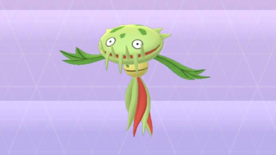 Carnivine como se muestra en la Pokédex de Pokémon Go.  Es una trampa para moscas de Venus flotante de color verde brillante.