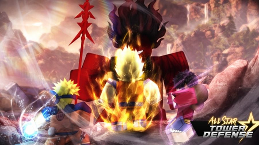 Dos personajes se enfrentan a un personaje gigante de cabello negro que emite un aura malvada en All Star Tower Defense.